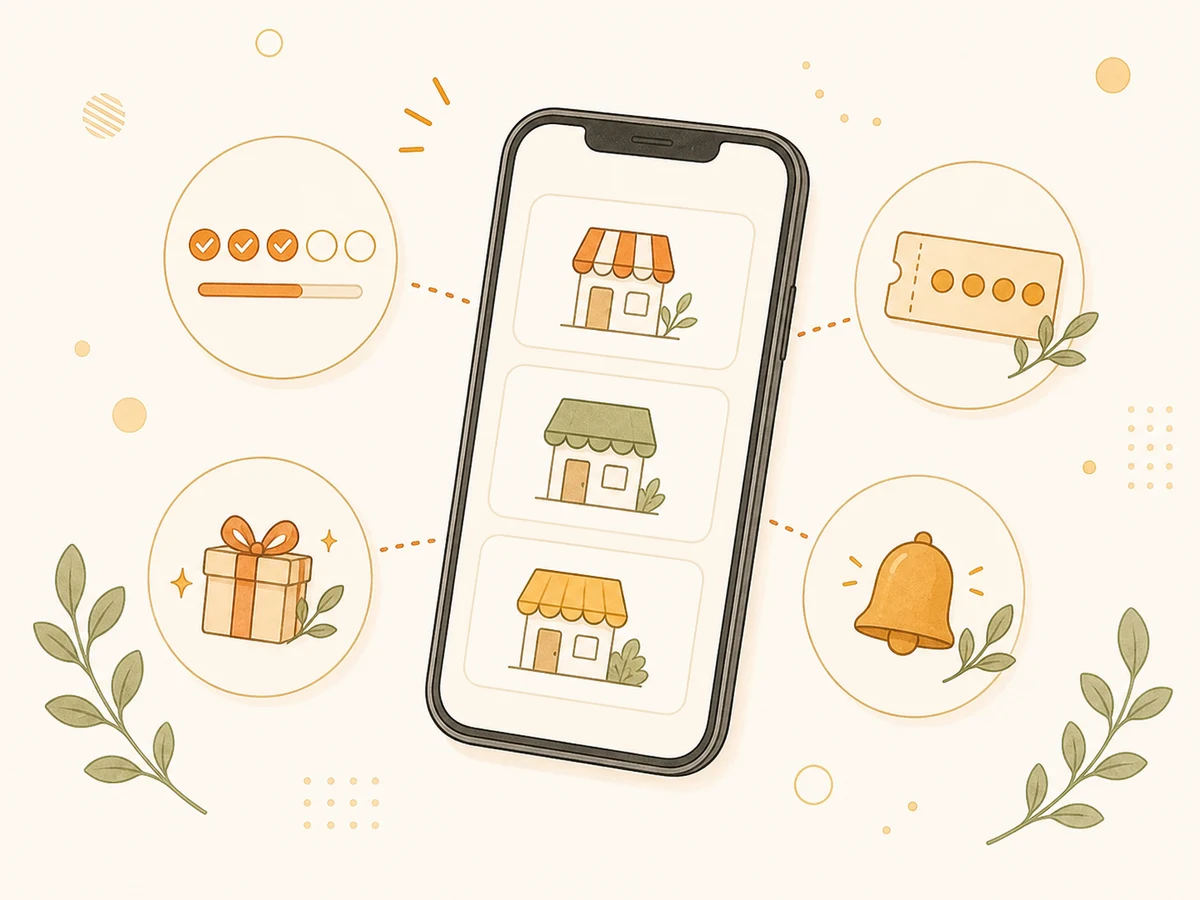複数のリピレイ導入店のスタンプ、回数券、チケット、お知らせが1台のスマートフォンにまとまるイメージ