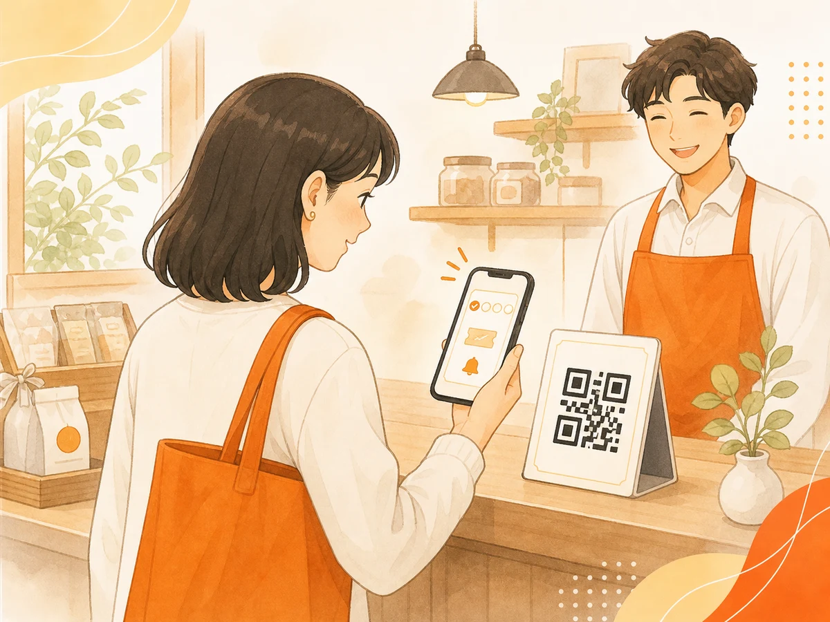 お客様が店頭の店舗コードをスマートフォンで読み取り、スタンプカードを受け取る様子