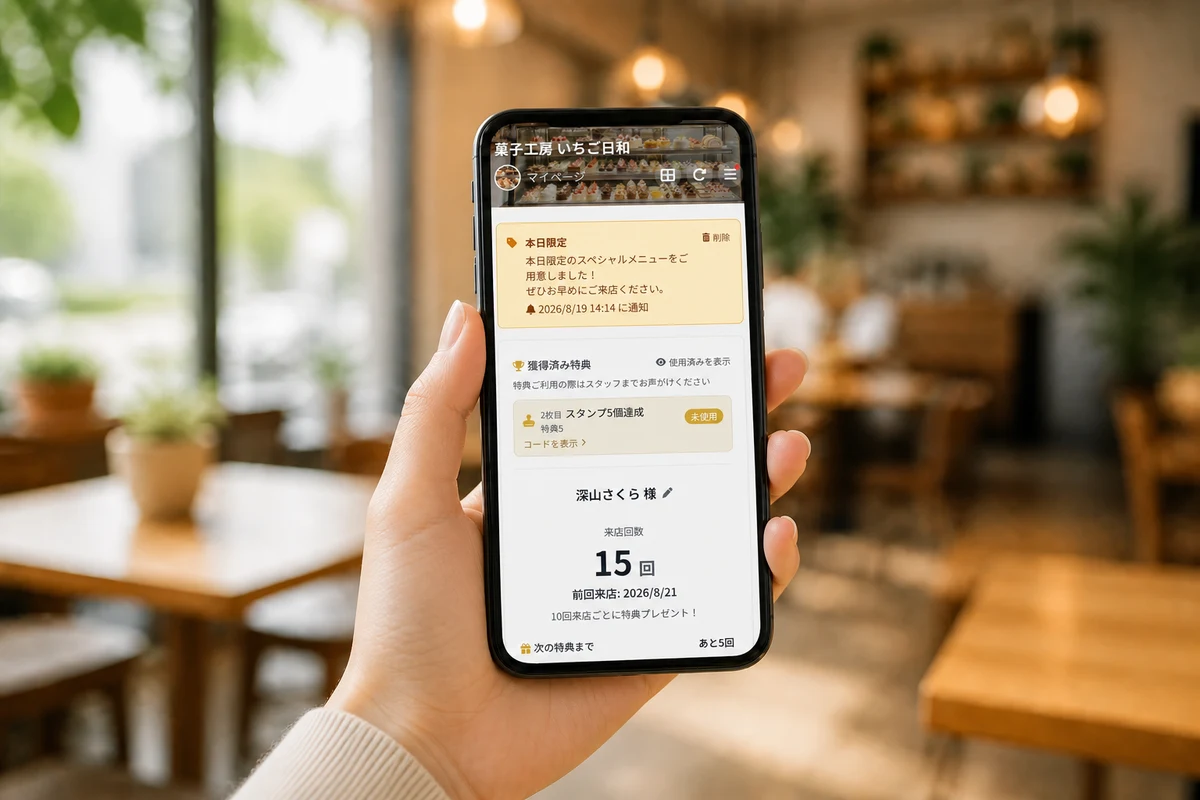 実際のリピレイ顧客画面を表示したスマートフォンの写真