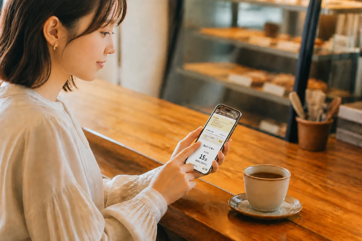 カフェでリピレイを利用する若い女性客の写真