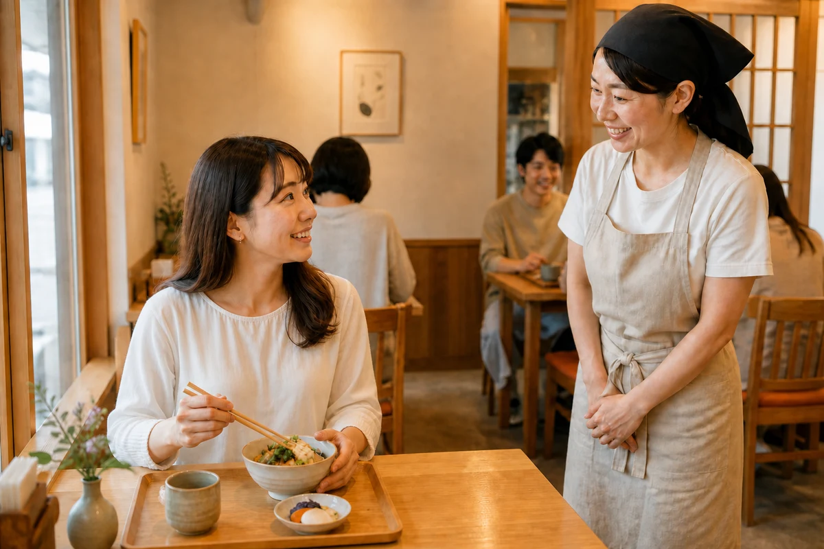 レジやスマートフォンを写さず客席で接客する飲食店の写真