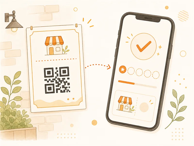 お客様が店舗QRを読み取り、スマホのマイページにチェックインが反映されるイラスト