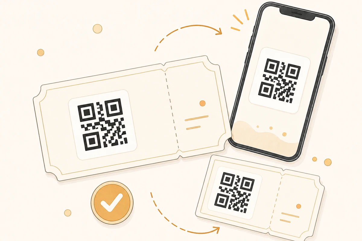 スマートフォンとQR付きチケットを連携するイラスト