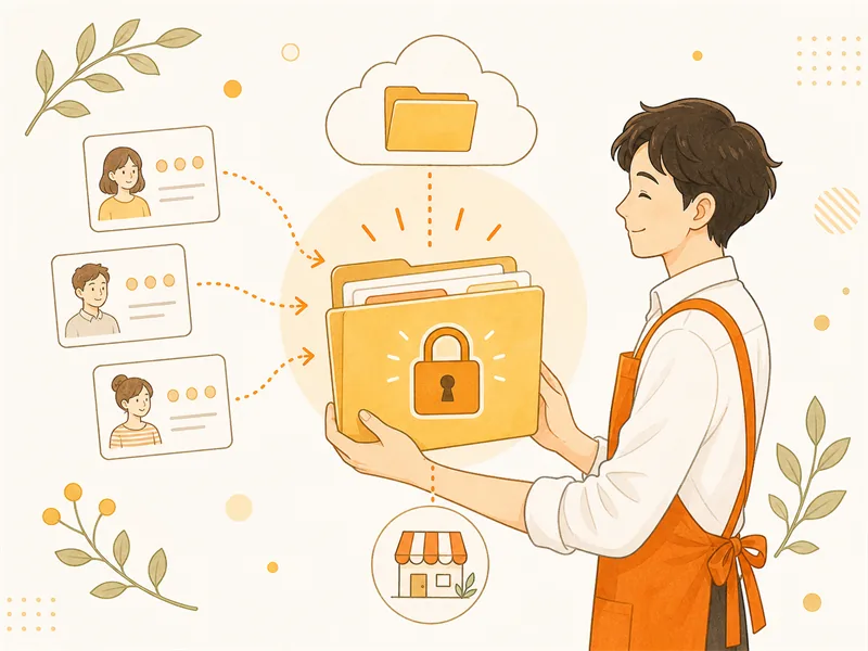 鍵付きフォルダを持つ店主のイラスト。上のクラウドから矢印でデータが届く（=預けながら、手元にも必ずある）