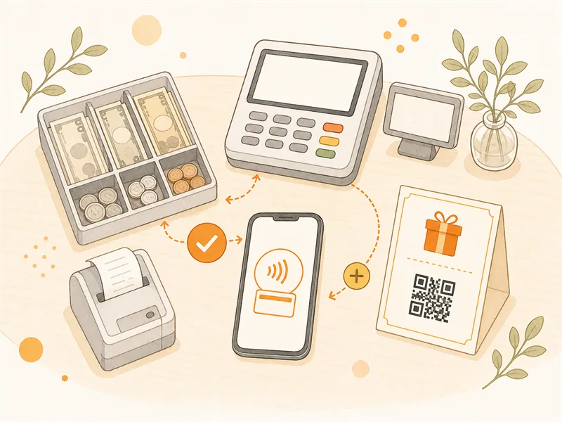 PayPay・Square・現金がそのままレジに残るイラスト（=やり方を変えない）