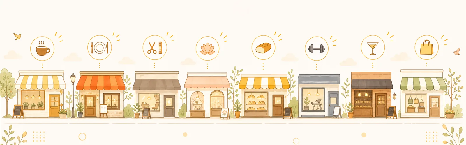 街角に8業種のお店が並ぶ俯瞰イラスト
