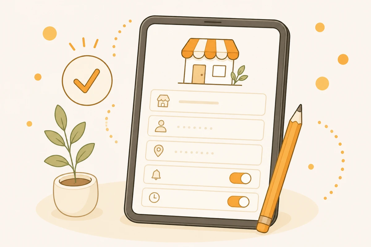 タブレットで店舗情報を設定する横長イラスト