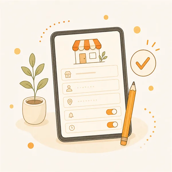 タブレットで店舗情報を入力する店主のイラスト