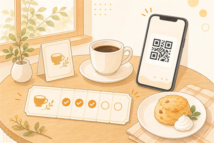 カフェの店内でコーヒーチケットを使うシーン