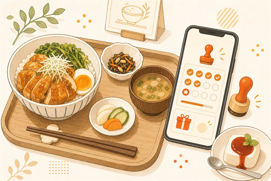 食堂で来店スタンプを受け取るシーン